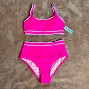 RETRO Bright Neon Pink High Waisted Square Neck Athletic Bikini - Size S